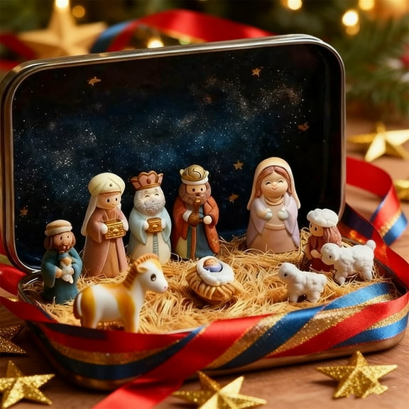 Mini Christmas Nativity Set in a Tin Box, 3.74'' x 2.36'' Small Nativity Scene Sets Easter Decorations, 9PC Nativity Sets & Figures Miniature, Small Scene for Indoor Tabletop Decor Gift