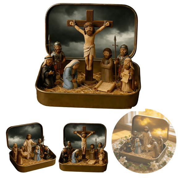 Mini Christmas Nativity Set in a Tin Box, Easter Gift for Family & Loved Ones, Small Religious Ornament, for Desk, Shelf, Office, Easter Decor(A-1pcs)