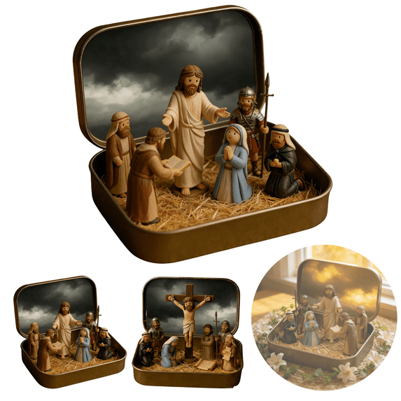 Mini Christmas Nativity Set in a Tin Box, Easter Gift for Family & Loved Ones, Small Religious Ornament, for Desk, Shelf, Office, Easter Decor(B-1pcs)