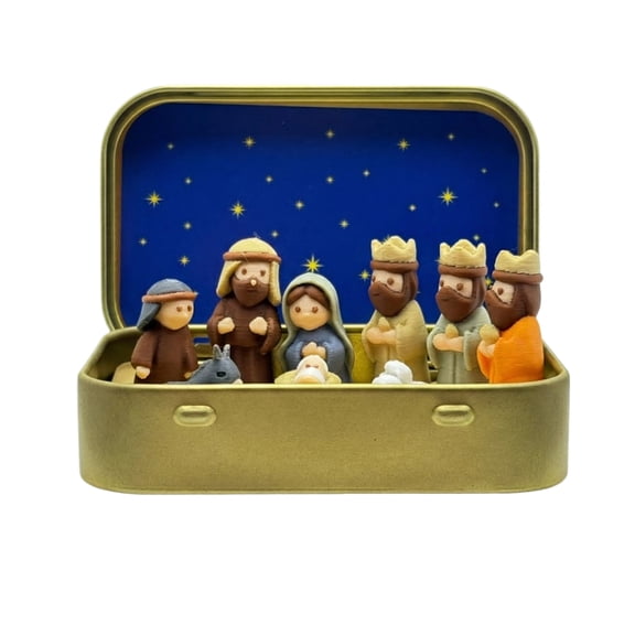 Mini Christmas Nativity Set in Tin Box,Handcrafted Holy Family Nativity Figurines with Jesus Mary Joseph,Portable Xmas Crib Scene,Small Religious Christmas Decoration for Desk,Office,Tabletop Display
