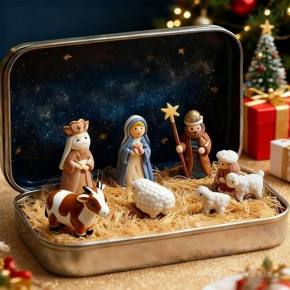 Mini Christmas Nativity Set in a Tin Box, Handcrafted Pocket Bethlehem Scene, Portable Holy Family Display, Small Religious Ornament, for Desk, Shelf, Office, or Travel Decor