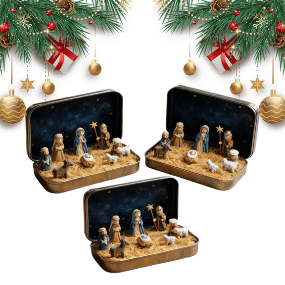 Mini Christmas Nativity Set in a Tin Box, Handcrafted Pocket Bethlehem Scene, Portable Holy Family Display, Small Religious Ornament, for Desk, Shelf, Office, Travel Decor, Christmas Gifts(3pcs)