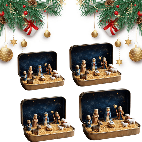 Mini Christmas Nativity Set in a Tin Box, Handcrafted Pocket Mini Nativity Scene Set, Holy Family Display, Small Christmas Ornament for Desk, Shelf, Office, Christmas Decoration (4 Set）