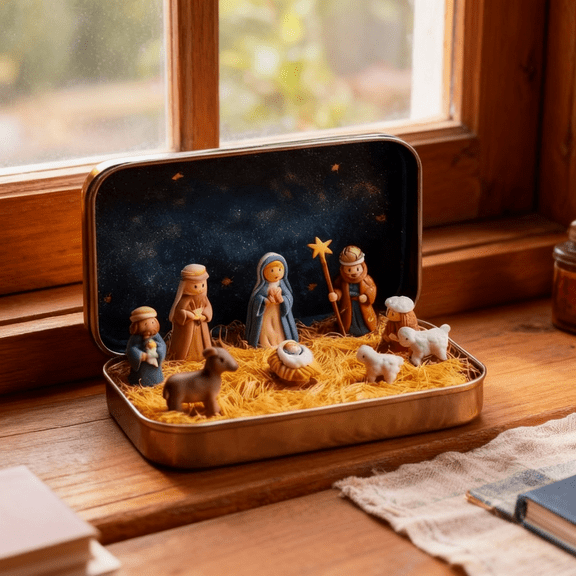 Mini Christmas Nativity Set in a Tin Box,Pocket Nativity Set,Pocket-Size Scene Handcrafted Christmas Tin Decor Gift,for Desk, Shelf, Office, or Travel Decor(A)