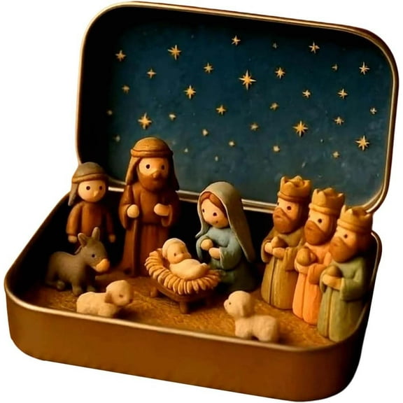Mini Christmas Nativity Set in a Tin Box, Handcrafted Small Nativity Set Jesus Figurines Xmas Crib for Holy Family, Christmas Decoration Nativity Sets & Figures for Desk, Office