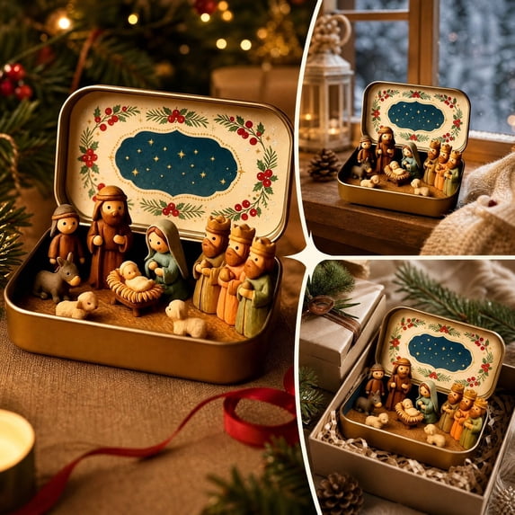 Mini Christmas Nativity Set in Tin Box with Holy Family Figurines Religious Christmas Decor Gift for Family Portable Pocket Nativity Scene for Travel Home Office Desk Tabletop Mantel