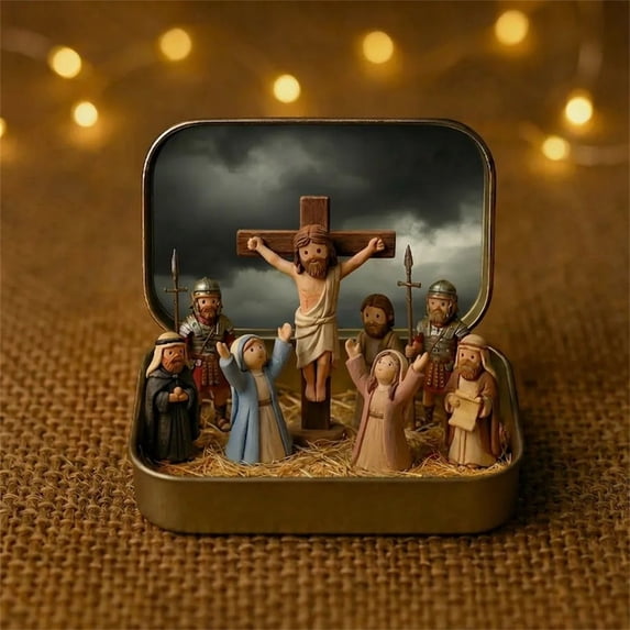 Easter Gift Nativity Set in Tin Box - Holy Family Knick-Knack, Religious Easter Home Decor Aesthetic, Festive Birthday Gift for Family, Desktop Religious Displays, D
