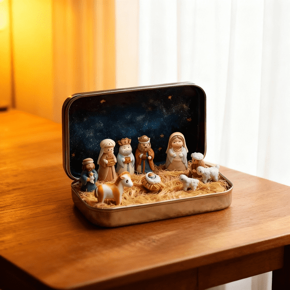 Mini Christmas Nativity Set in a Tin Box,Pocket Nativity Set,Pocket-Size Scene Handcrafted Christmas Tin Decor Gift,for Desk, Shelf, Office, or Travel Decor(B)