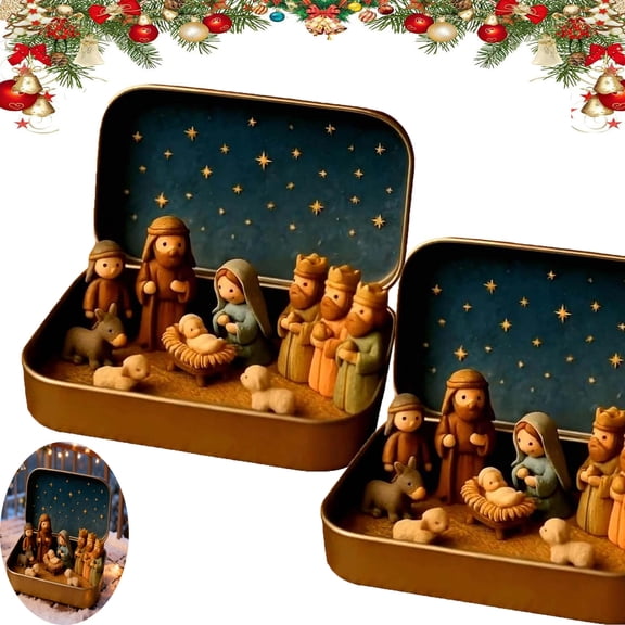 Mini Christmas Nativity Set in a Tin Box,Portable 3D Scene Decoration Set with Resin Holy Family Sheep and Jesus Figurines,Handcrafted Pocket Size Nativity Scene Gif for Christmas Home Gifts Decor