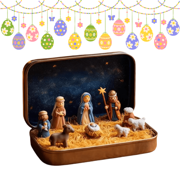 Mini Christmas Nativity Set in A Tin Box Portable 3D Scene Decoration Set with Resin Holy Family Sheep and Jesus Figurines Pocket Nativity Scene Carry The Story of Christmas for Desk Home(1PCS)