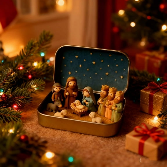 Mini Christmas Nativity Set in Tin Box, Portable Holy Family Figurines, Kids Love This Christmas Gift, Miniature Holy Scene for Home & Family Holiday Décor