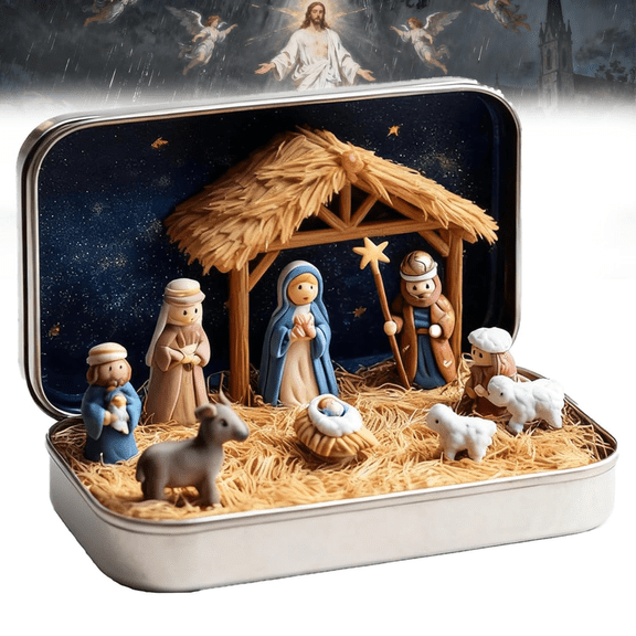 Mini Christmas Nativity Set in a Tin Box – Portable Mini Nativity Set with Resin Nativity Sets & Figures, Pocket-Size Holy Family Scene for Easter Home Décor or Travel (1PCS)