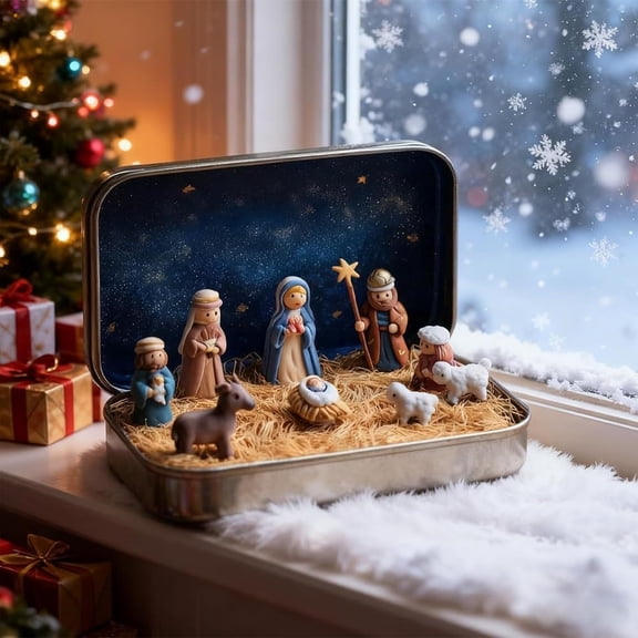Mini Christmas Nativity Set in a Tin Box, Portable Pocket Birth of Jesus Ornament, Holy Family Sheep and Jesus Figurines, Christmas Interior Decoration for Home Desk, Shelf, Office Decor