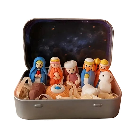 Mini Christmas Nativity Set in a Box, Portable Pocket Nativity Scene with Holy Family Sheep and Figurines, Small Nativity Ornament for Home Desk Shelf and Office Decor