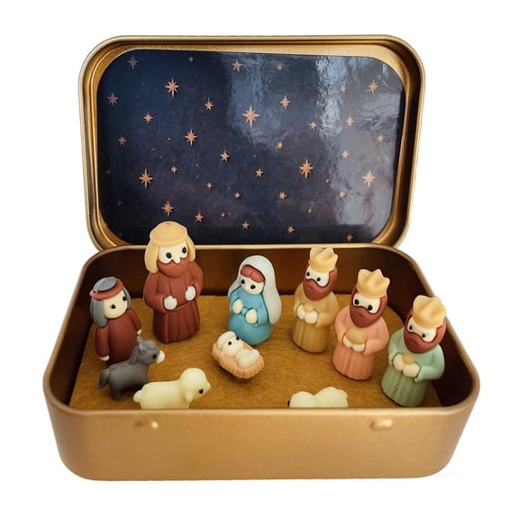 Mini Christmas Nativity Set in aTin Box, Little People Sets Christmas Decorations, 9PC Nativity Sets & Figures Miniature, Mini Easter Jesu-s Classic Scenes, Small Scene for Indoor Tabletop Decor Gift