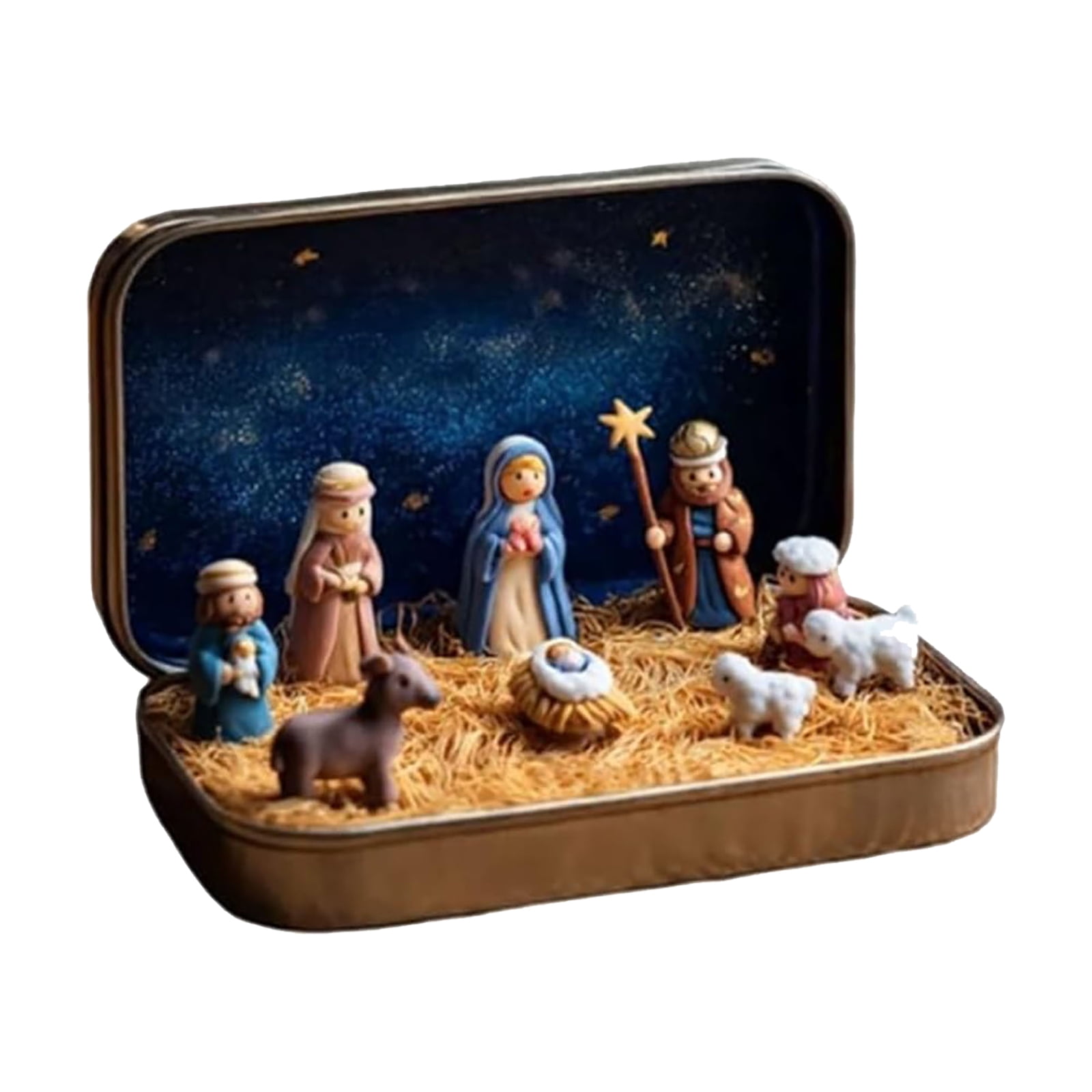 Petite Crèche De Noël En Boîte Métal - Figurines Résine Sainte Famille, Mouton, Jésus | Décoration Portative Et Cadeau Spirituel