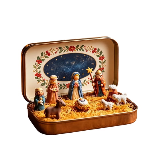 Mini Christmas Nativity Set in Tin Box, Holy Family Figurines Portable Pocket Nativity Scene, Religious Tabletop Christmas Decor & Holiday Gift