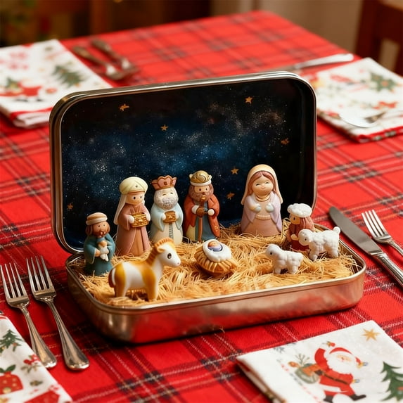 Mini Christmas Nativity Set in Tin Box Portable Holy Family Figurines Religious Decor Travel Ornament Gift(Multicolor-D)
