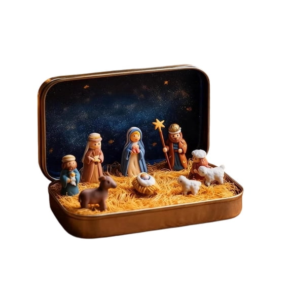 Mini Christmas Nativity Set in Tin Box – Portable Religious Decor for Home, Office, and Holiday Gifts for Family and Friends