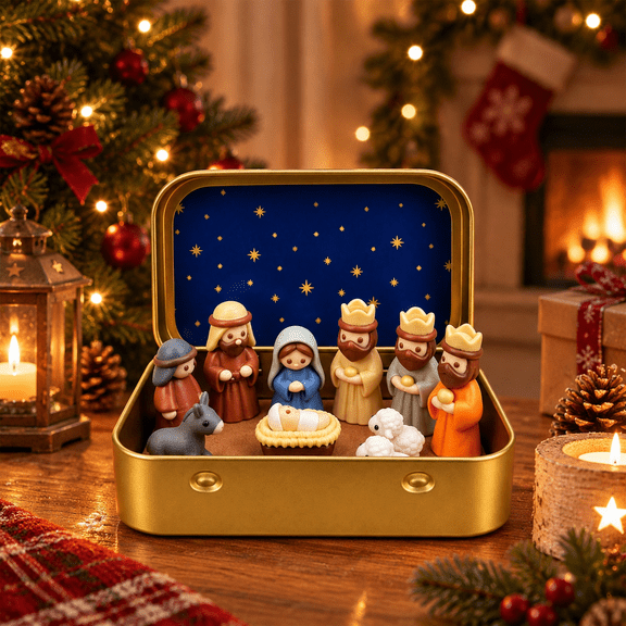 Mini Christmas Nativity Set in a Tin Box, Religious Holy Family Figurines, Pocket Nativity for Fireplace Desktop, Gift for Woman(1PC)