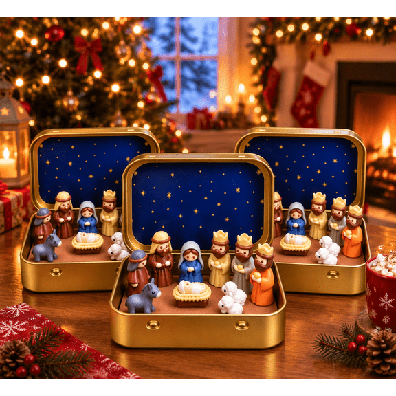 Mini Christmas Nativity Set in a Tin Box, Religious Holy Family Figurines, Pocket Nativity for Fireplace Desktop, Gift for Woman(3PCS)