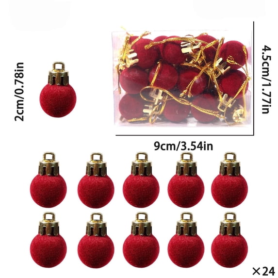 Mini Christmas Ornaments, 24-Piece 0.8 Inch Flocked Ball Set, Shatterproof Plastic Velvet Baubles with Hanging Loops, Ideal for Christmas Tree, Wreath, Garland, Diy Holiday Decor