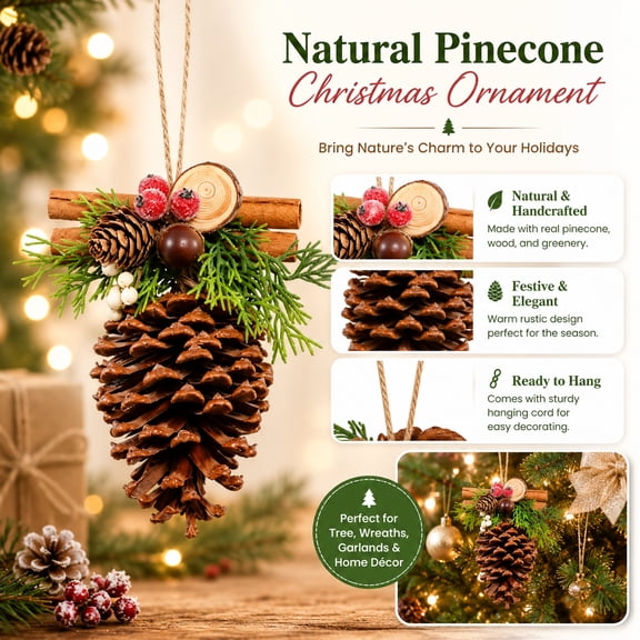 Mini Christmas Pinecone Swag Ornament - Natural Pine Cone Cinnamon Sticks Red Berries Jute Hanging Garland Accent for Tree Door Handle Cabinet Window Mantel Holiday Home Decor