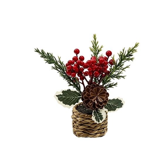 Mini Christmas Potted Plant,Small Artificial Holiday Greenery,Faux Tabletop Winter Decor for Home Office Mantel Kitchen Counter Decor
