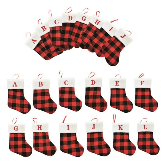 Mini Christmas Stocking Red And Black Plaid Small Stocking with Hanging Ring A to Z Embroidered Letter Hanging Stocking for Xmas Tree Wall Mantel