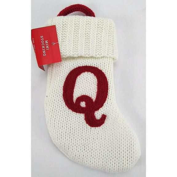 Mini Christmas Stocking, White Red Embroidered Knit, 7" Letter Q