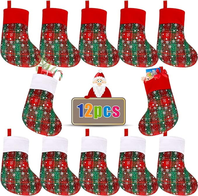 Mini Red and Green Buffalo Plaid Christmas Stockings, 12 Pack