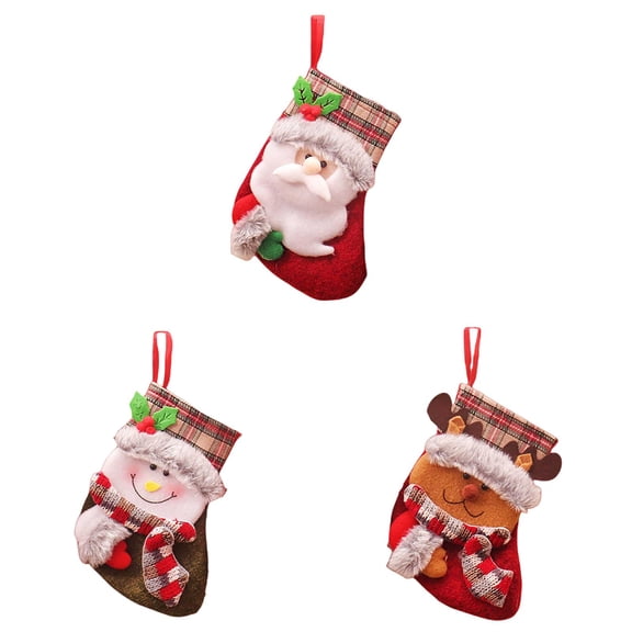 Mini Christmas Stockings 3 Pack - 7 inch Santa Snowman Bear Elk Plush Stockings for Fireplace Tree Decor, Gift Bags, and Anthropology Fall Decor