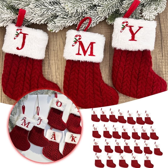Mini Christmas Stockings with Initials N, 7.5Inch Letter Embroidered Xmas Stockings, Knitted Red-White Xmas Stocking Christmas Socks Bags for Christmas Party, Family Fireplace Decorations