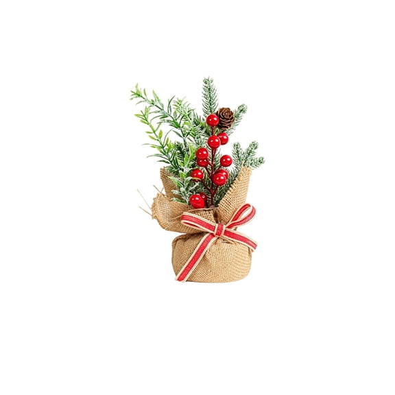 Mini Christmas Table Tree Decorations, Small Faux Tree Decor with Artificial Red Berries Pinecones Pine Needles Cedar Tabletop Centerpiece for Xmas Holiday Home Winter Decorations