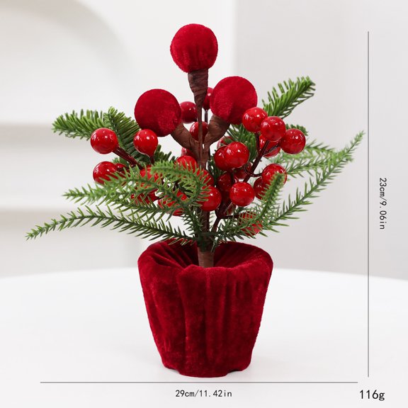 Mini Christmas Tabletop Tree Decor, Artificial Small Potted Christmas Tree with Red Bow, Berries and Pom-poms, Velvet Pot Xmas Centerpiece for Home Table Holiday Decoration