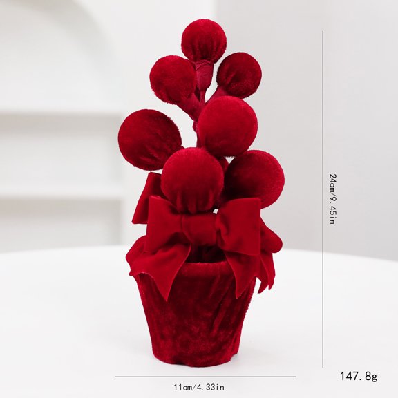Mini Christmas Tabletop Tree Decor, Artificial Small Potted Christmas Tree with Red Bow, Berries and Pom-poms, Velvet Pot Xmas Centerpiece for Home Table Holiday Decoration