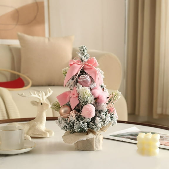 Mini Christmas Tree 11.8 Inch Snow Flocked with Balls & Bow, Tabletop Artificial Xmas Tree for Home Office Desktop Decor, Holiday Christmas Decoration