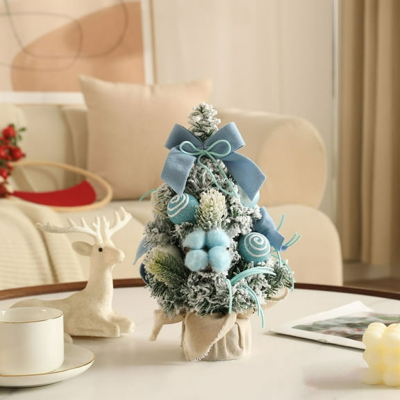 Mini Christmas Tree 11.8 Inch Snow Flocked with Balls & Bow, Tabletop Artificial Xmas Tree for Home Office Desktop Decor, Holiday Christmas Decoration