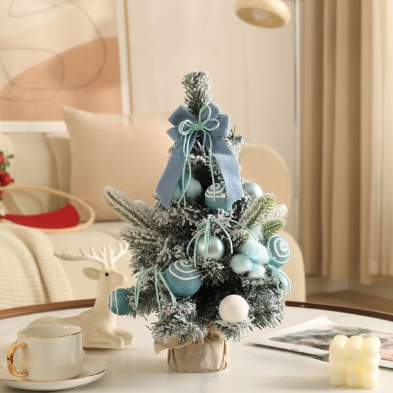 Mini Christmas Tree 15.7 Inch Snow Flocked with Balls & Bow, Tabletop Artificial Xmas Tree for Home Office Desktop Decor, Holiday Christmas Decoration