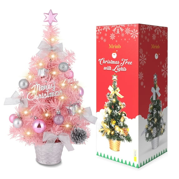 Mini Christmas Tree, 18" Artificial Small Christmas Tree with LED String Lights, Tabletop Christmas Tree with Pine Cones Christmas Balls Ornaments for Christmas Decorations