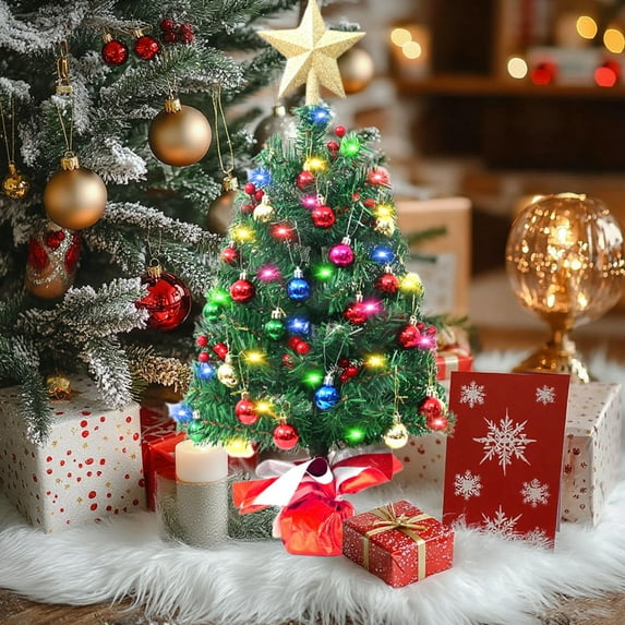 Mini Christmas Tree 23.6 Inch with Lights & Ornaments,Gold Red Desktop Holiday Decor for Home Office Store,Pre-Lit PVC Xmas Tree with 35 Pcs Decorative Accessories