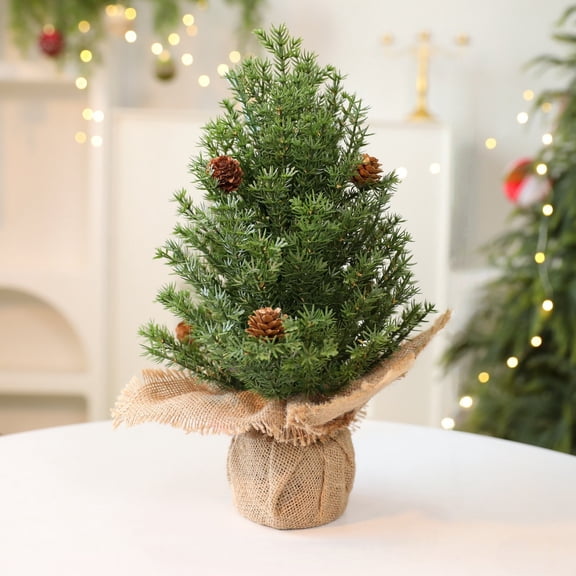 Mini Christmas Tree - Artificial Small Tree with PE Branches, Burlap Base, Green, Pre-Lit Artificial Christmas Tree, Green, for Home Decorations, Non-Lit, Includes Cloth Bag Base14.56Inch