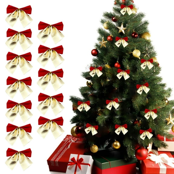 Mini Christmas Tree Bows Ornaments,Red and Gold Small Velvet Bows for Christmas Tree Decorations,Vintage Velvet Ribbon Bows,Christmas Tree Topper Bow,for Christmas Tree Xmas Home Decor 12PCS