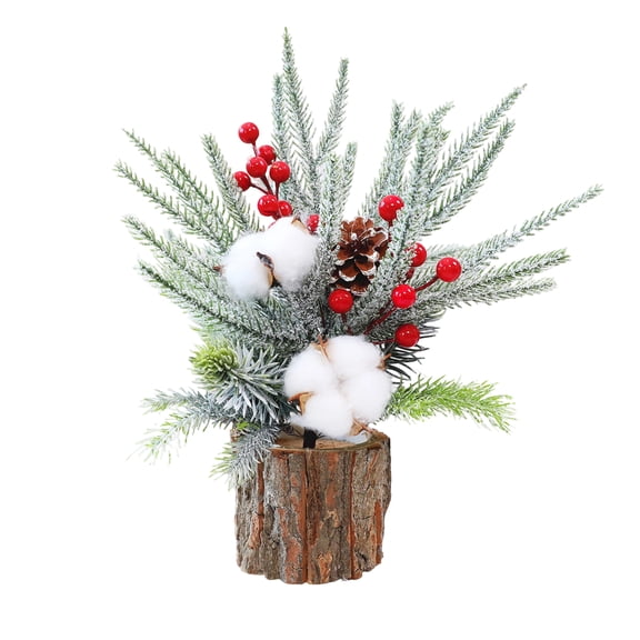 Mini Christmas Tree Desktop Centerpiece, Flocked Pine Branches with Red Berries, Pinecones & Cotton, Faux Wood Log Base Xmas Home Table Party Decor