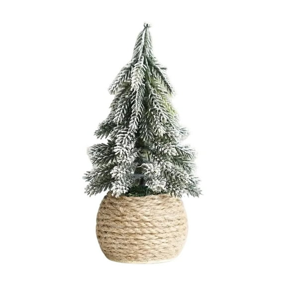 Mini Christmas Tree, Flocked Snow Covered Artificial Tabletop Small Christmas Tree, 1 Pcs with Woven Rattan Pot Base, For Home Office Desk Winter Holiday Xmas Party Decoration