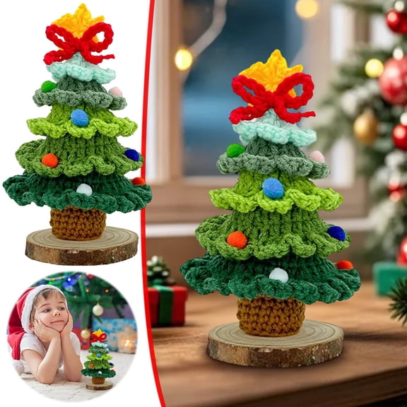 Mini Christmas Tree Handmade Crochet Christmas Tree Kit with Wooden Base, 7 Layers Finished Knitted Christmas Tree, Multi-layered Crochet Design, Desktop Christmas Decor & Holiday Ornaments