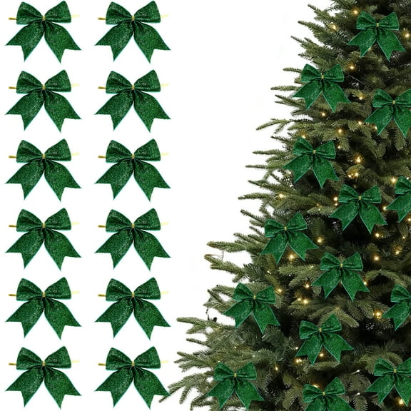 Mini Christmas Tree Hanging Ornaments 12pcs,3.5" Small Bow Decorations for Xmas Tree Wreath Door Wall Fireplace,Christmas Party Favors Holiday Gift Wrap Decor for Home Store Office-Green