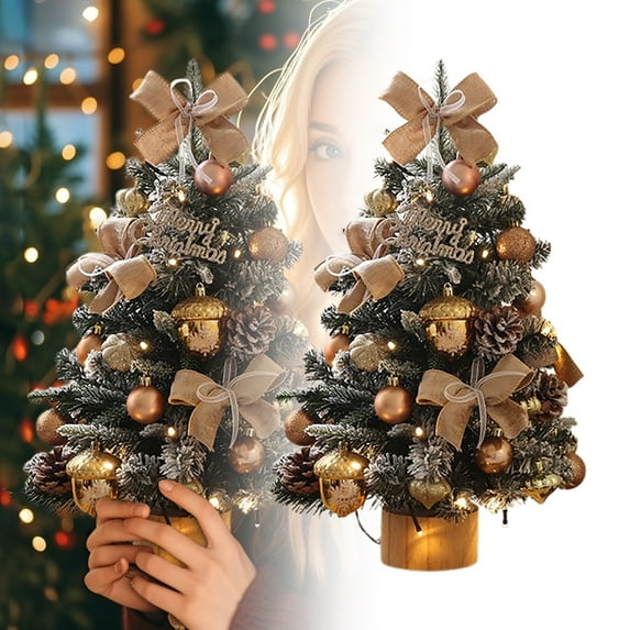 Mini Christmas Tree with Lights, 17.7 Inch Small Tabletop Christmas Tree Pre-Decorated with Gold Ornaments, Bow Tree Topper & Pine Cones, Artificial Xmas Tree for Home Office Holiday Decor