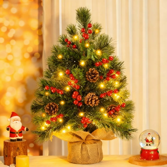 Mini Christmas Tree with Lights, 20inch Table Top Miniature Christmas Trees Pre-lit Artificial Mini Christmas Tree Spruce Desk Decoration with Miniature Pine Tree Pine Artificial Xmas Tree
