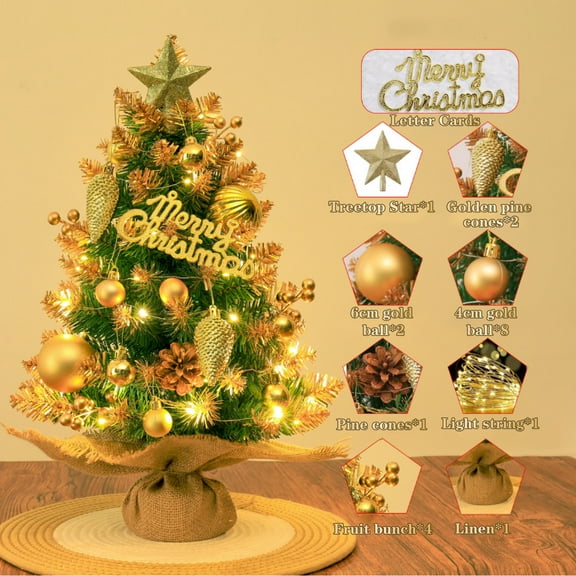 Mini Christmas Tree with Lights, 2ft Tabletop Christmas Tree, Small Artificial Xmas Tree with Star Treetopper, LED String Light & Hanging Ornaments, for Holiday Indoor DIY Christmas Decor